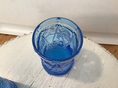 3 Vtg Blue Glass Patriotic Eagle Soldier Glasses, 2 Wheaton, 1 Kanawha Toothpick