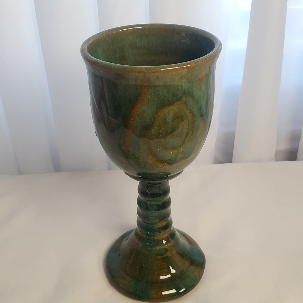 Vintage Handmade Green and Brown Pottery Ceramic Wine Glass Chalice Goblet (7″)