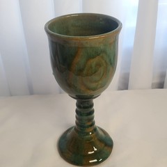 Vintage Handmade Green and Brown Pottery Ceramic Wine Glass Chalice Goblet (7″)