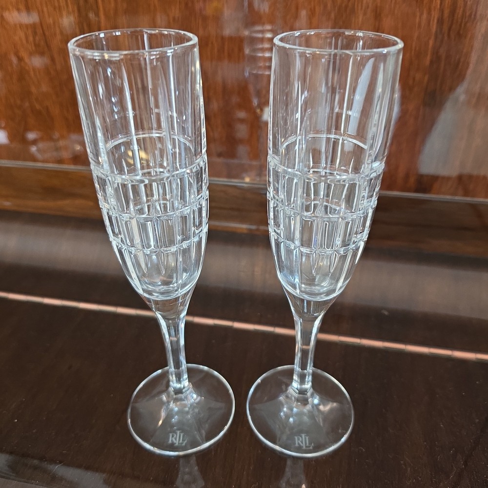 Set Of 2 RALPH LAUREN COCKTAIL PARTY Pattern Champagne Crystal Flutes Plaid Cut