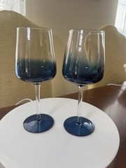 Pier 1 One Elemental Water Goblet Glasses Clear Stem Blue Bowl 16oz Set of 2 EUC
