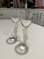 Crystal Frosted Nude Male Bacchus Cordial Liqueur Glass Figural Set of 2