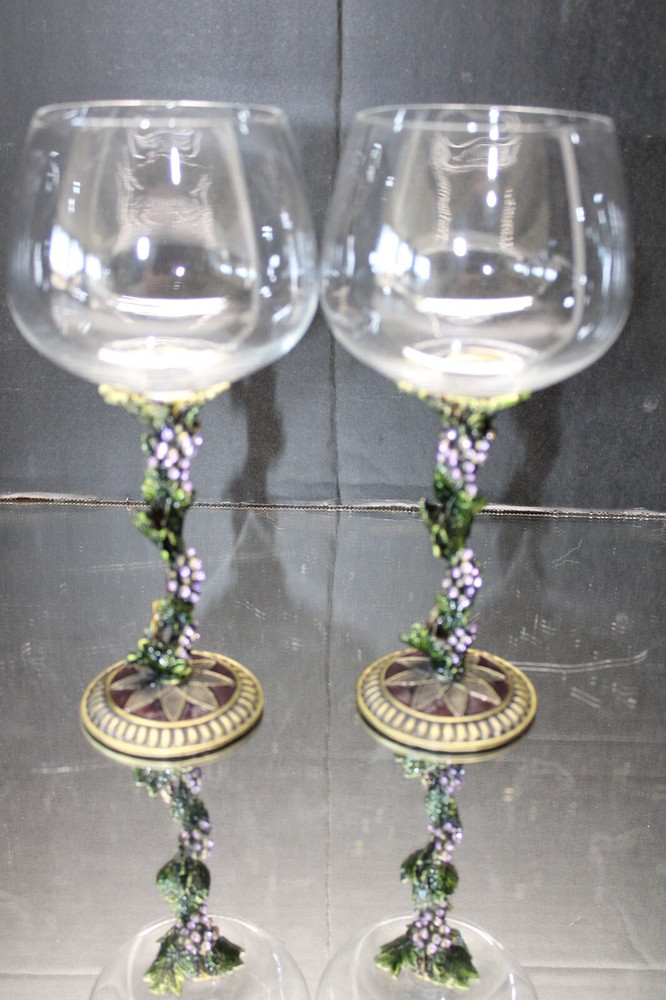 PAIR Enamel Bejeweled Rhinestones Grape Stem Wine Goblets