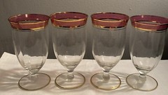 Mid-Century Modern Vtg. Wine Cocktail Water Glasses Set of 4 Pink &Gold Rim