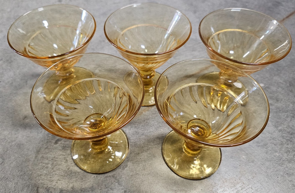Vintage amber Footed Glassware, Set of 5 Sherbet Dessert Glasses