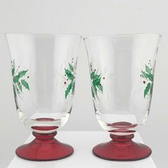 Set 4 Vintage GORHAM Red Footed Festive Holly Goblets All Purpose Water Glasses
