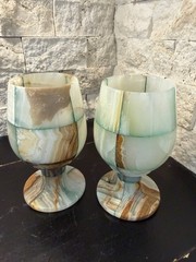 Vintage Handcrafted Onyx Marble Goblets Set Carved Stone Wine Glasses Set of 2