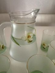 VTG KIG Indonesia Brilliant Frosted Juice Glasses & Pitcher Daffodil Floral