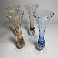 Vintage Hand Blown Glass Multi-color Champagne Flutes w/Icy Ball Stems 2.5oz – 4