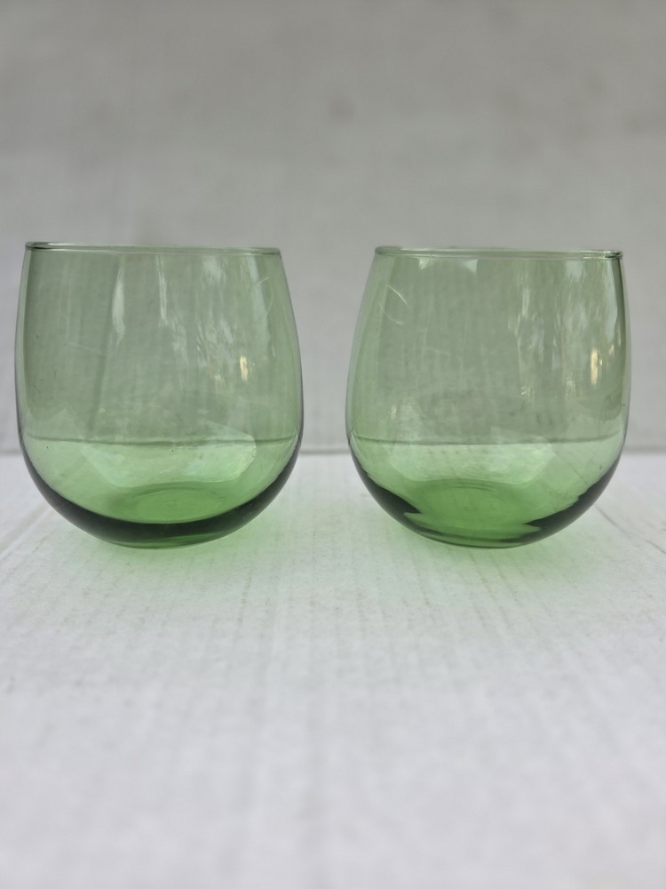 Vintage Libbey Green Roly Poly Mid Century Modern Cocktail Bar Glasses Set of 2