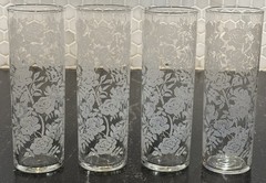 Set Of 4 Vintage Libbey MCM Highball / Collins Glasses White Roses & Leaves 7″