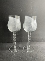 Set of 2 Clear Etched Palm Leaves Wine Water Glasses Goblets With Curved Stem