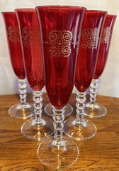 Italian Champagne Flutes Set 6 Ruby Red Gold Scroll Glass 8.5”