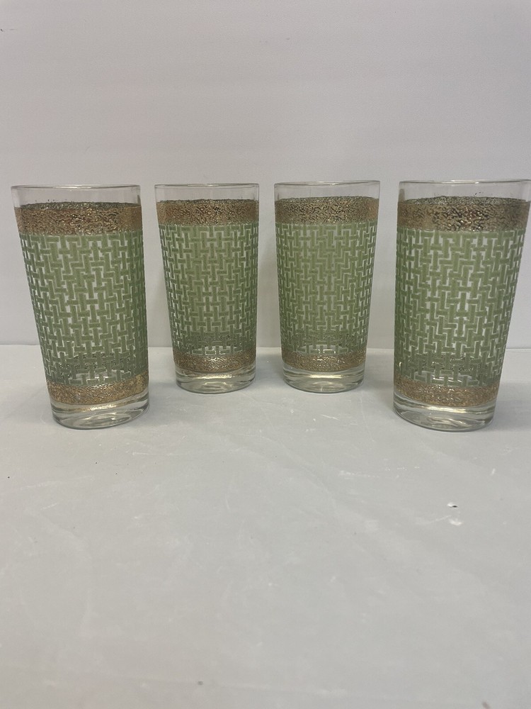 4 1960 Green Basket Weave 22K Gold Trim Highball Glasses Great Condition!!