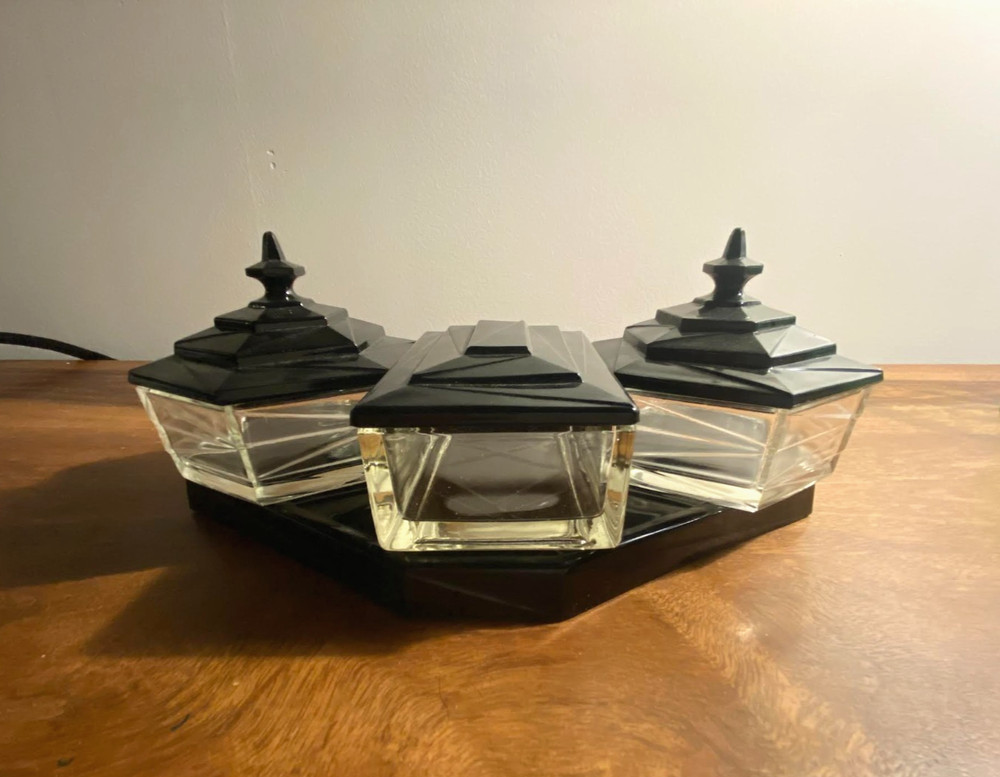 Tiffin Chipperfield (Cracked Ice) Black & Crystal Vanity Set 1930s