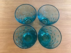 Hazel Atlas 4 Juice Cocktail Glasses Blue Capri Dot UV Glow Optic Dots Bar