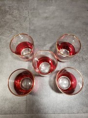 Cranberry Red Gold Stripe Pitcher 5 Glasses Shot Cordials
