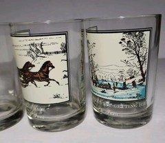 4 Vtg CURRIER IVES Glasses Glass Set Winter Snow Horses Christmas Arby’s NYC