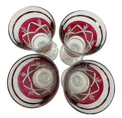 Vintage Cranberry Ruby Cut To Clear Decanter Set of 4 Cordial Liquor Glasses