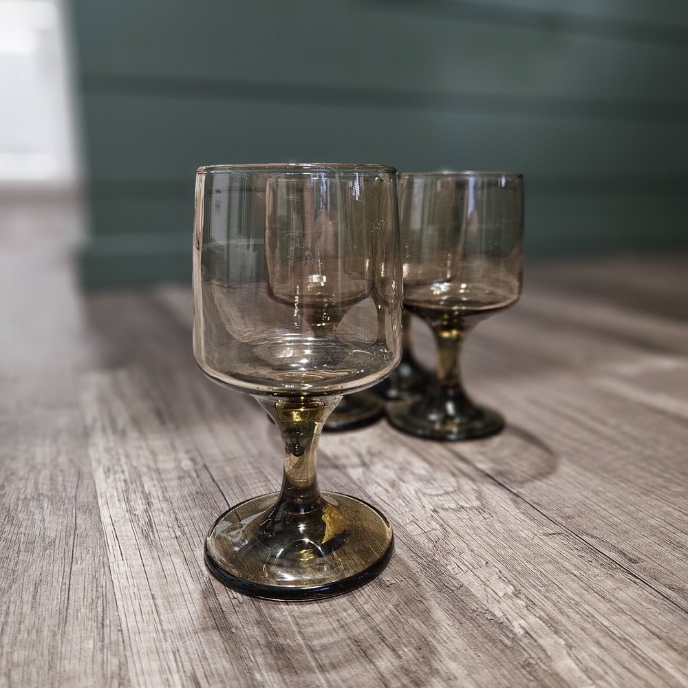 Libbey Tawny Accent Water/Wine Pedestal Glasses Goblets Vintage Smoke Brown *