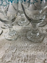 Vintage Libbey Footed Glasses Goblets Water Wine Clear Teal Flowers 7” Set Of 7
