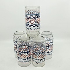 Vintage Set 6 Libbey Quilted Hearts Tumbler Drinking Glasses Blue Pink 14oz