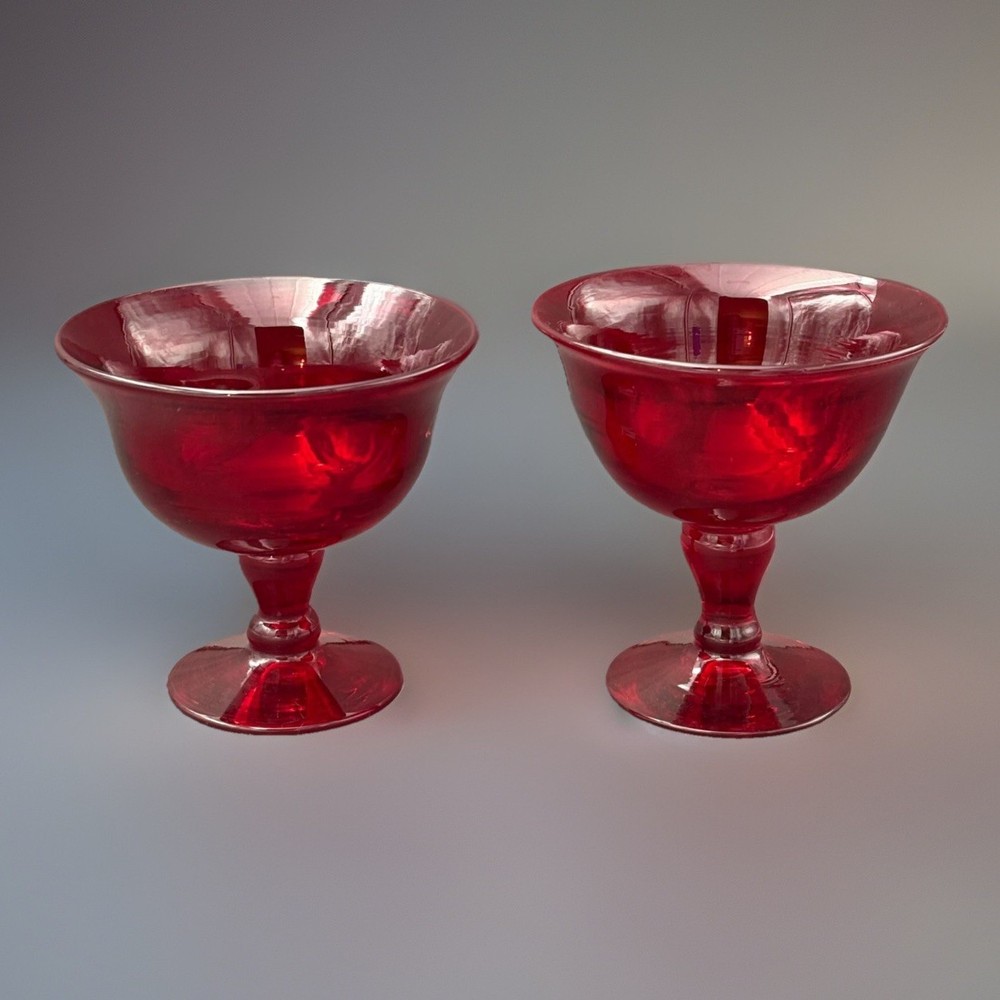 Vintage Ruby Red Hand Blown Glass Dessert Coupe Sherbet Set of 2 Art Deco Pontil