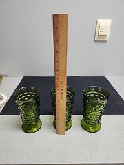 Set of 3 Vintage Indiana Glass Whitehall Avocado Green Cubist Footed