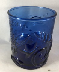 1 Cobalt Blue Low Ball Tumbler Glass Embossed Shells Fish Starfish Sea Life HELP