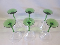 Set 6 COURBE WAVY Libbey Pedestal MARTINI GLASSES GREEN Squiggle Stem Zig Zag