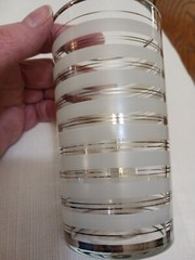 3 Vintage Highball Glasses -1940s. White etching, silver striping. Unique find!