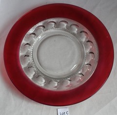 4 Tiffin Glass Ruby Red Kings Crown Luncheon Thumbprint Plates 8.25″