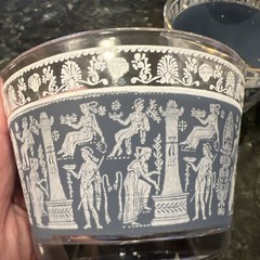 Vtg Set 8 JEANNETTE GLASS Corinthian Blue Greek Roman Whisky Tumbler Wedgewood