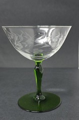 6 Rare Vintage Clear Etched Glass Champagne Glasses Green Stems Leaf Dot Design