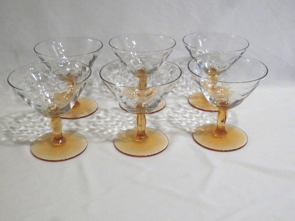SET OF 6 FOSTORIA LOOP OPTIC AMBER STEM COUP GOBLETS #5093
