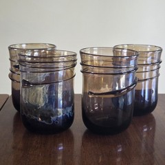 Set of 4 Hand blown Art Glass Drinking Glasses Signed Smoky Amber Iridescent