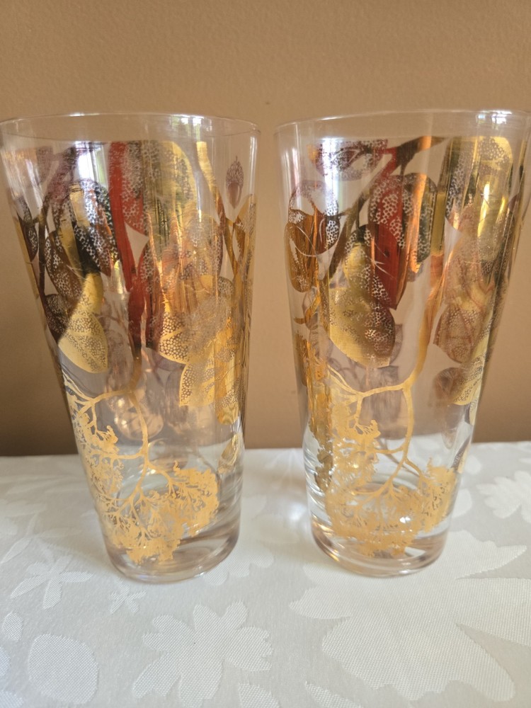 Vintage Gay Fad Gold Leaf Highball Glasses set of 2 MCM Barware 5.75″ pre owned