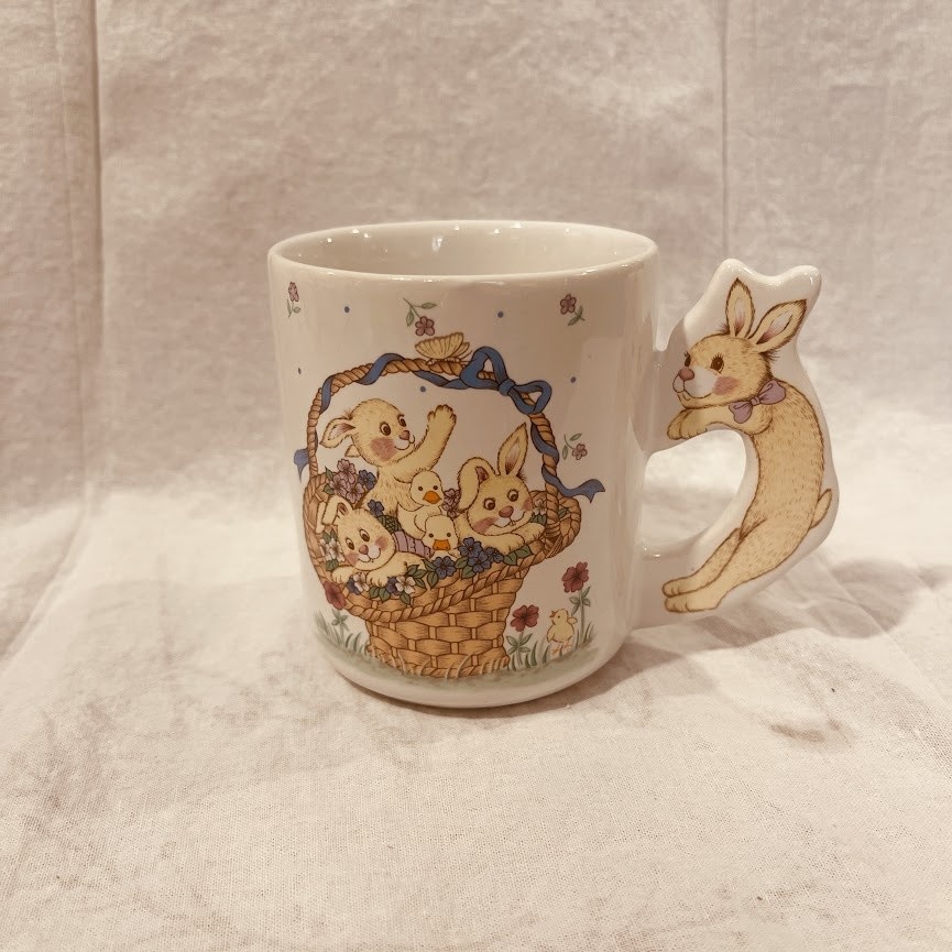 Easter Bunny Mug Basket Rabbits Ducklings Handle 3D Ceramic Pastel Kawaii 4″ Cup