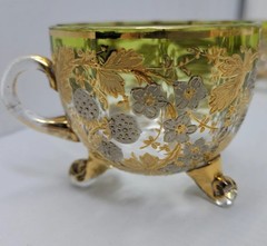 6 ANTIQUE MOSER GLASS 3 FOOTED HANDLED PUNCH CUPS WITH GILT FLORAL AND BERRIES