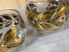 Federal Glass Roly Poly Glasses Gold, Black Leaf lot of 6 varies sizes