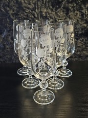 Hand Etched Floral Crystal Champagne Glasses Set of 6 Signed «K» Artisan Crafted