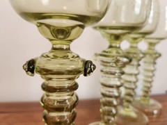 Set Of 4 Olive Green Glass Wine Goblets Or Roemers Etched Fritz Heckert?