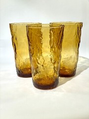 3 Iced Tea Water Tumbler Glasses Seneca Glass Amber Driftwood Pattern 12 oz