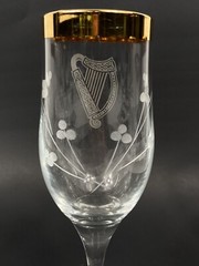 Duiske Irish Etched Harp Shamrock Fluted Champagne Glasses w/ Gold Trim Set Of 6