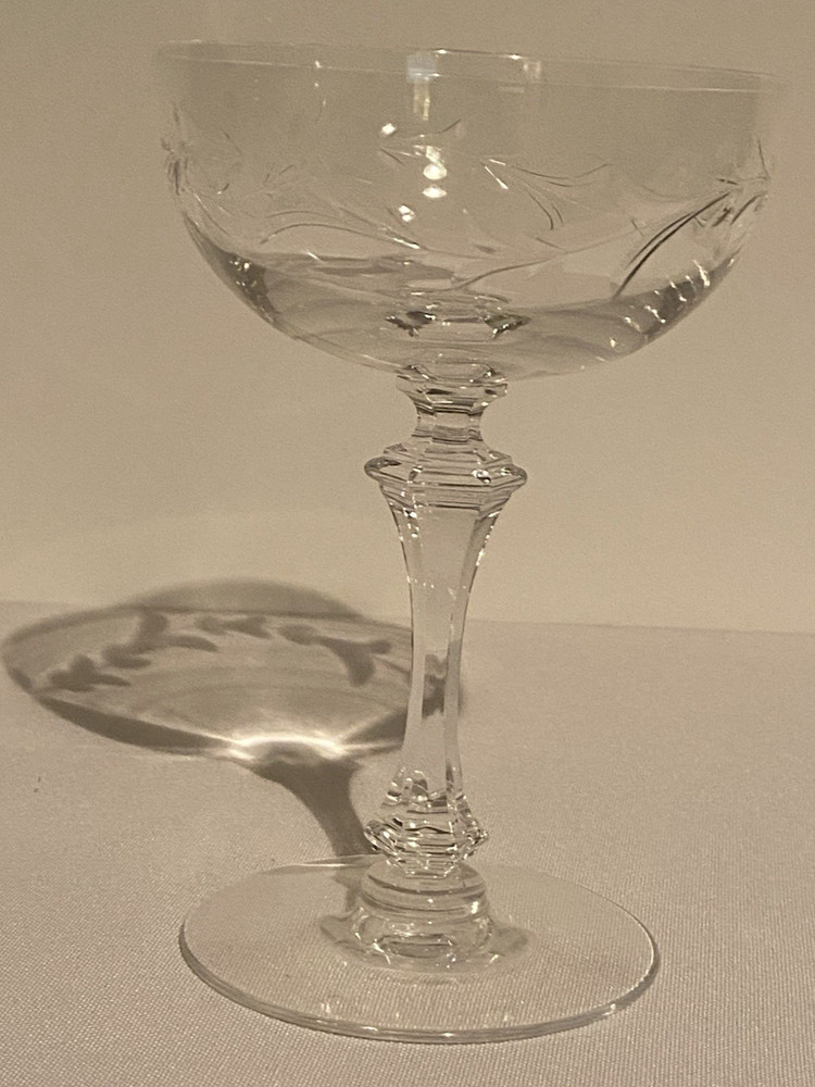 Tiffin-Franciscan Stem Champagne Glass Pattern Cut Swag Leaves