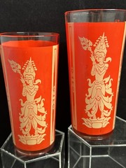 Mid-Century Modern Red Gold Thai Goddess Highball Glasses Pair (2) Vintage 1960