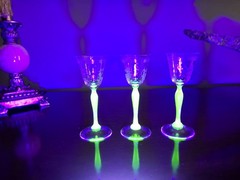 Set of Three Depression Etched Uranium Cordial Glass 2 With Flea Bites 1 Perfect