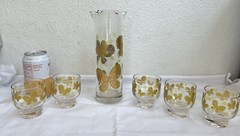 6 Piece Set Of Vintage Culver Cocktail Footed Glass Set 22K Gold Butterfly RARE