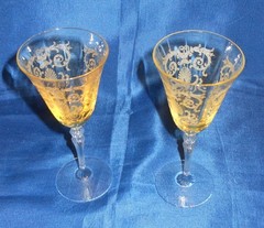 Vintage Fostoria Versailles Topaz 5-7/16″ Aperitif Glasses Set of 2 Etched RARE