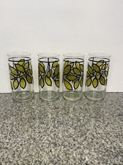 Vintage Tumblers W/Raised Yellow Green Enamel Leaves Textured 70s Retro
